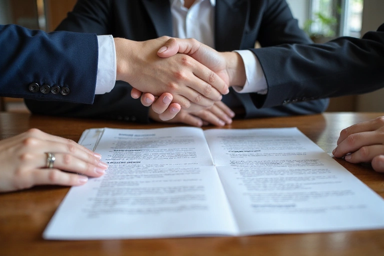 Two hands shaking firmly over legal documents, symbolizing trust and ethics