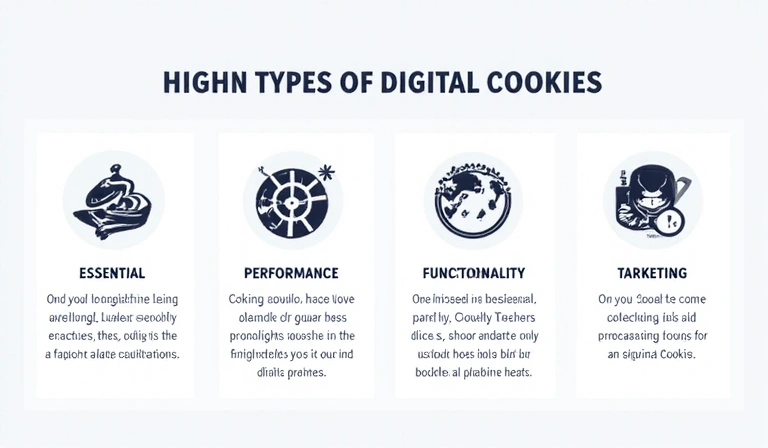 A visual representation of different types of cookies, categorized by purpose and duration, with small icons for each type