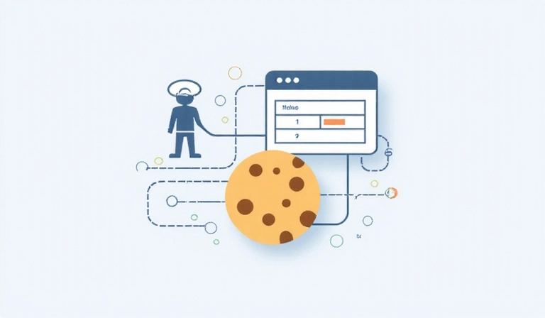 Illustration of a cookie icon with data flowing between a website and a device, symbolizing data storage and retrieval