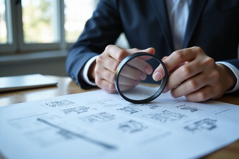 A person holding a magnifying glass over a document with abstract legal symbols, representing intellectual property investigation.