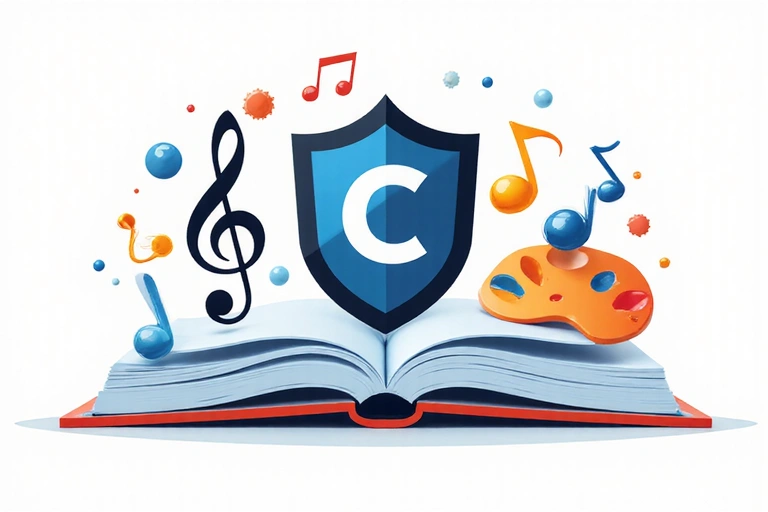 A stylized image of various creative works like a book, musical notes, and a camera lens, representing copyright protection.