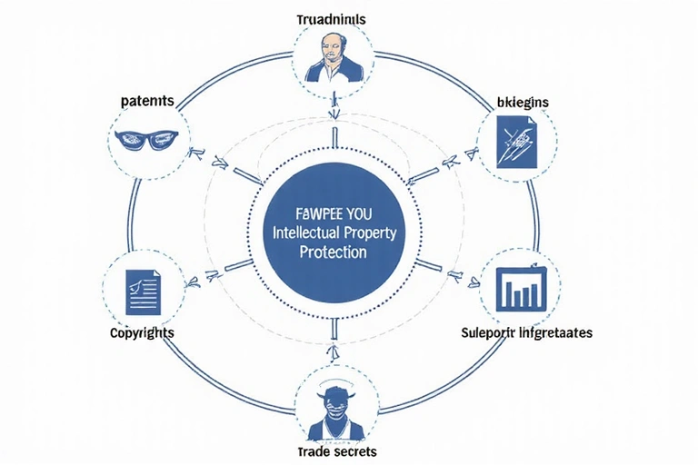 Diagram showing various aspects of intellectual property protection such as patents, trademarks, and copyrights.