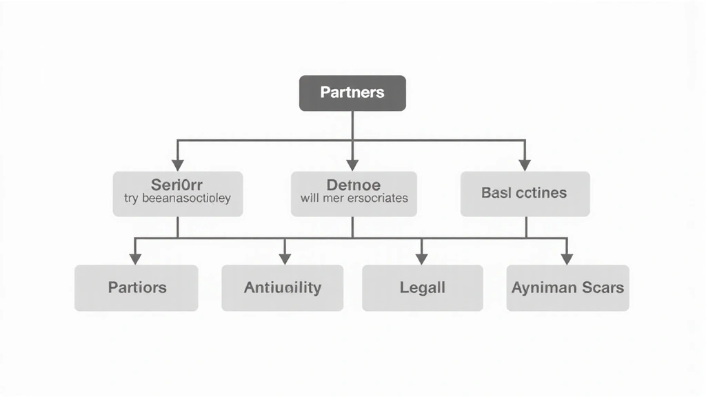 Simplified organizational chart showing partners, associates, and support staff, with arrows indicating collaboration